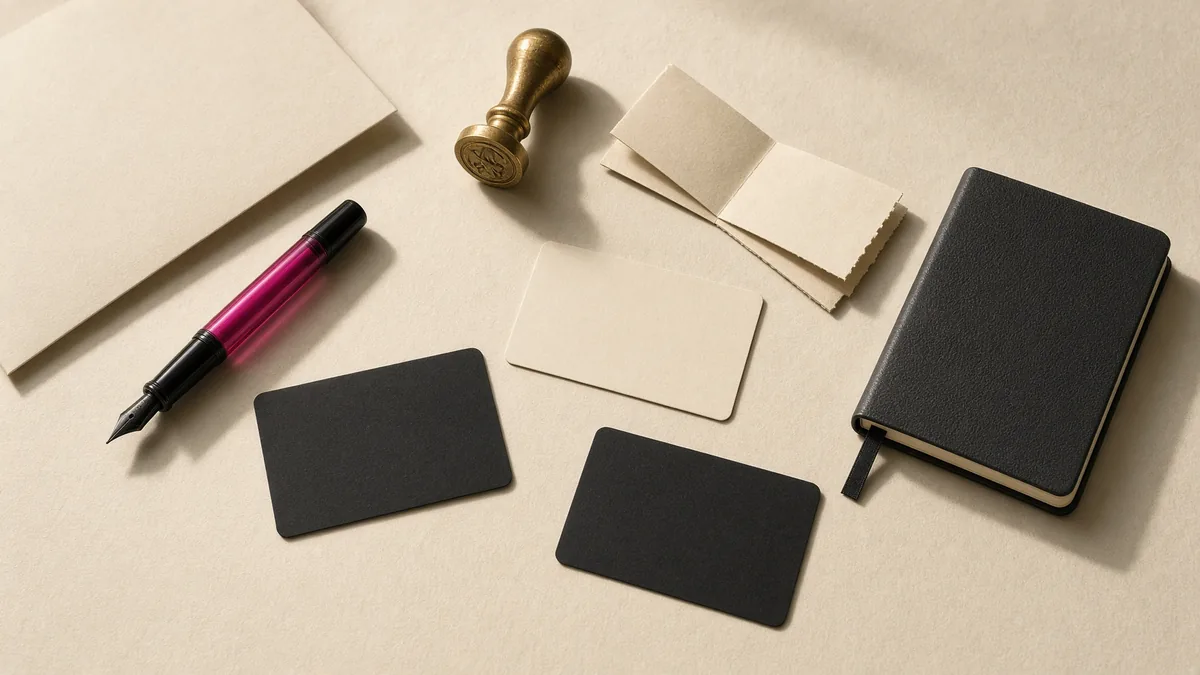 Overhead research desk: cream paper, unbranded cards, magenta fountain pen, brass stamp, boarding pass.