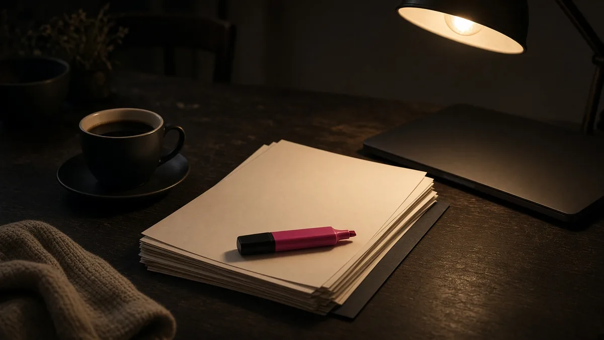 Late-night kitchen table with unmarked incorporation papers, coffee, magenta highlighter, and a closed laptop.