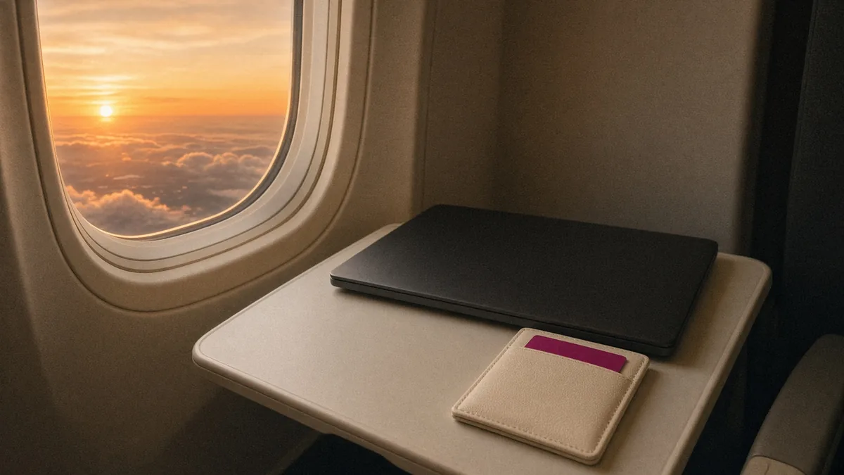 Airplane window seat at golden hour: closed laptop, cream passport holder, magenta card on the tray.